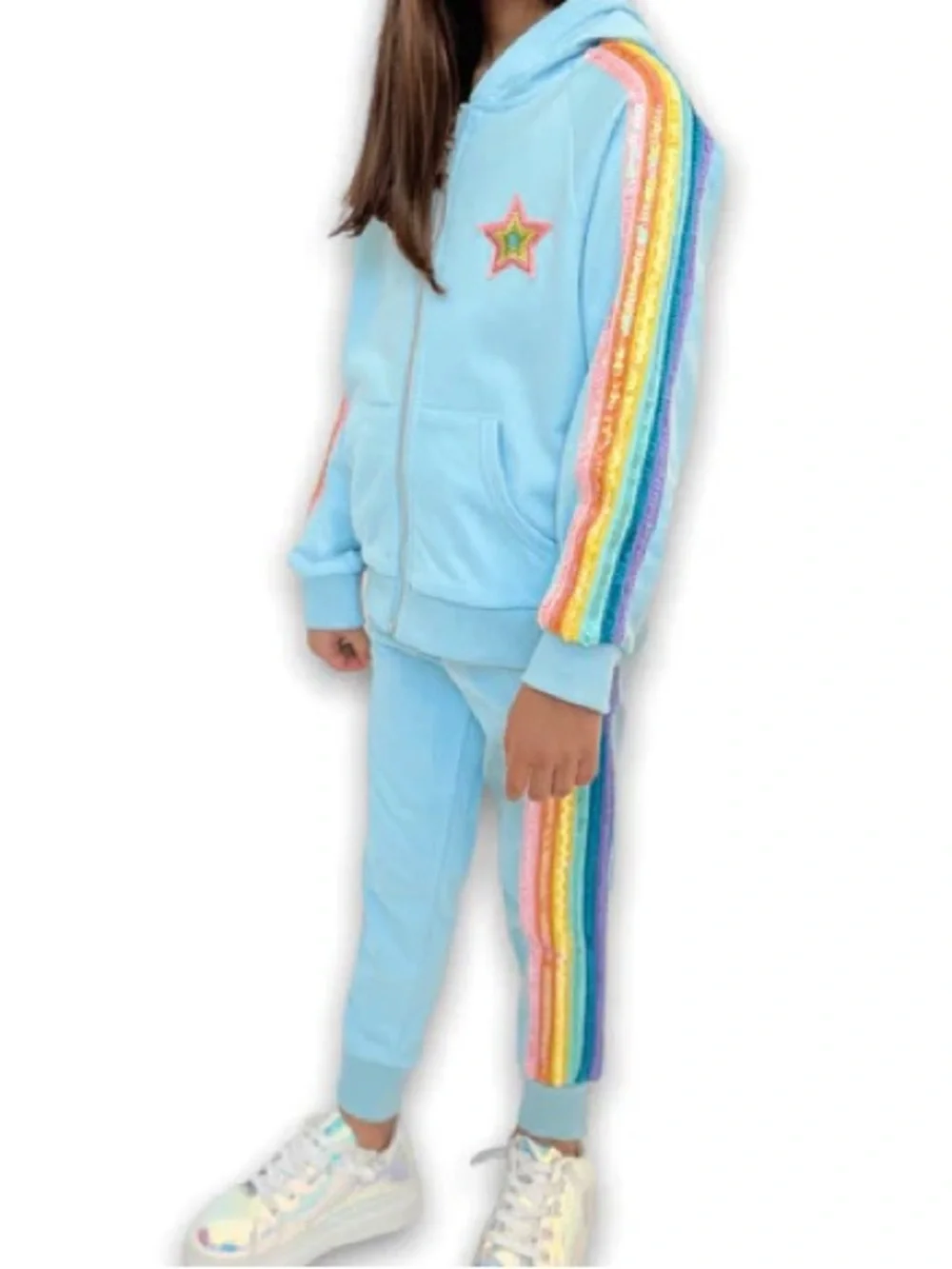 Lola And the boys sequin Light Blue Kids Rainbow Stripe Hoodie & Jogger Set, 6